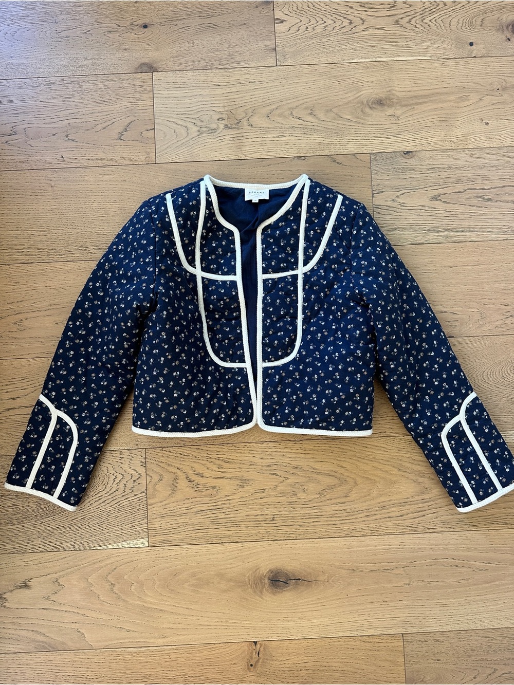 Sezane Navy Quilted Floral Crop Jacket with White Trim